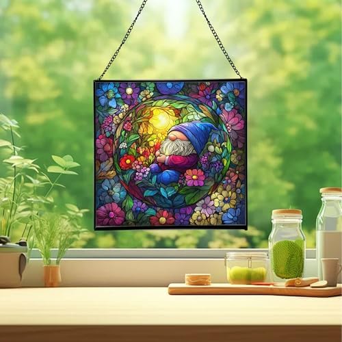 Floating Bubble Nest Gnome Stained Glass Suncatcher – Square Hanging Window Panel for Home or Greenhouse – Whimsical Glass Art Gift for Garden Lovers, Christmas, Halloween, Father Days 7tJsym - Image 2