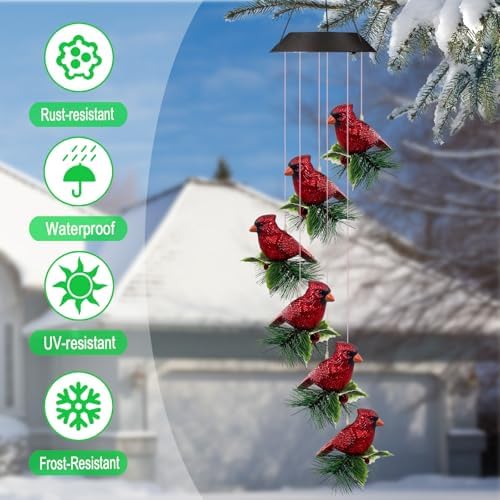 Cardinal Solar Wind Chimes for Outside,Red Bird Danglers Christmas Lights - Image 2