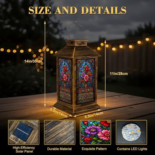 Solar Lantern Outdoor Waterproof Stained Glass Garden Decor LED Hanging Solar Lights Tabletop Lamp Gifts for Women Mom Outside Yard Patio Porch - Image 2