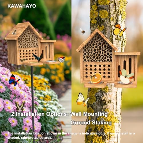 Mason Bee House Wooden Butterfly House with Feeders and Metal Stake, Insect Hotel for Garden Backyard, Natural Handmade Waterproof Bugs House, Attracts Bee, Butterfly, Ladybirds Pollinators - Image 6