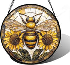 Bee and Sunflower Stained Glass Window Hanging Suncatcher Gifts Decor 12" by DASTOLL