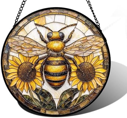 Bee and Sunflower Stained Glass Window Hanging Suncatcher Gifts Decor 12" by DASTOLL