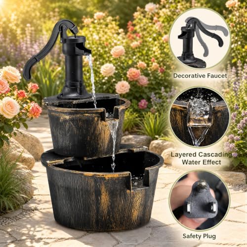 Giantex Water Fountain Outdoor, 2-Tier Barrel Cascading Waterfall Fountain with Electric Pump for Garden Patio Deck Backyard Decor, Rustic Freestanding Water Feature - Image 4