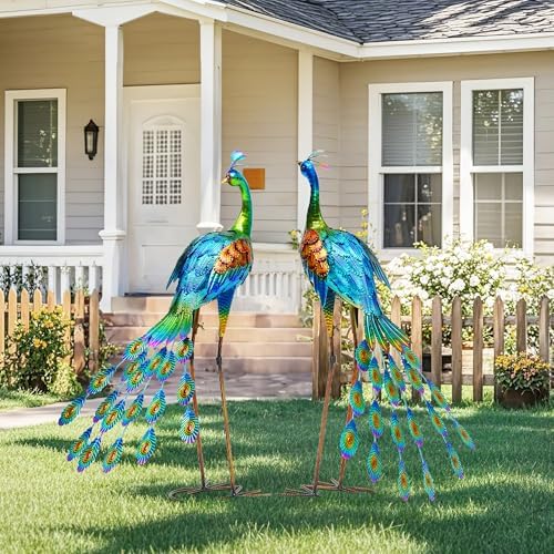 32" Metal Peacock Couple Garden Statue, Handmade Sculpture by Ultym