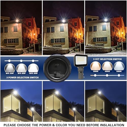 LAMPHOME LED Flood Lights Outdoor 35/60/80W and 3000/4000/5000K Adjustable 10400Lm,Dusk-to-Dawn Sensor o Dawn Flood Light for Yard, Garage, Garden,UL Listed,Includes Knuckle Mount - Image 3