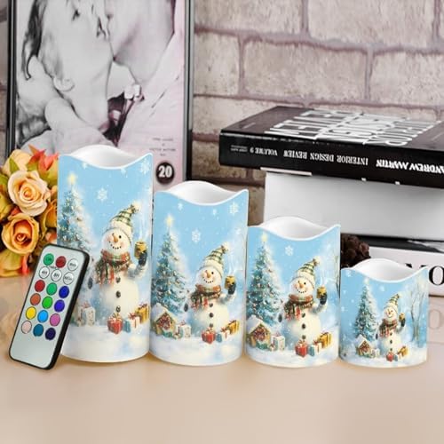Christmas Snowman Flameless Candles with Timer and Remote Christmas Candles Battery Candles Flickering Set of 4 Indoor Christmas Decorations for Home Fireplace Dining Room - Image 4