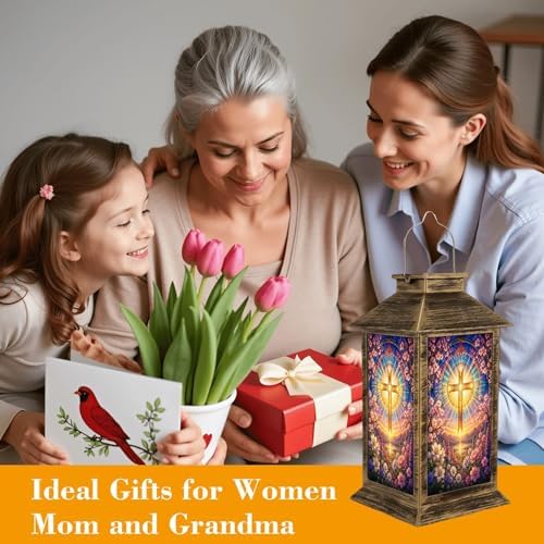 Solar Lantern Outdoor Waterproof Stained Glass Cross Radiant Light Spring Flowers Garden Decor LED Hanging Solar Lights Tabletop Lamp Gifts for Women Mom Outside Yard Patio Porch - Image 4