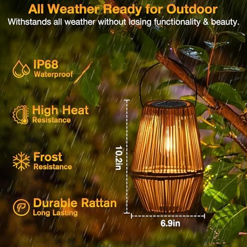 Uspring 2 Pack 3-in-1 Solar Lanterns Outdoor Waterproof Rattan Woven Hanging Solar Lights for Outside with Bright Lamp & LED Bead & 4 Handles, Garden Gifts Decor for Women Mom Patio Yard Porch - Image 5