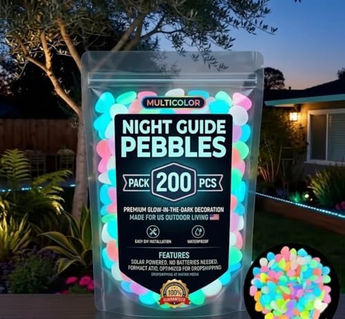 glow in the dark garden pebbles, night guide pebbles & luminous glow stones, 200PCS Colorful Waterproof Outdoor glowing garden stones, Solar Powered stepping stone kit for Garden Pathway Lawn Aquarium - Image 2