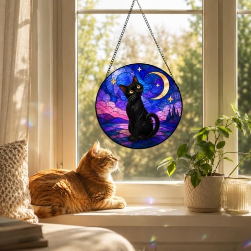 Black Cat Moon Stained Glass Window Hanging with Metal Chain - Image 4