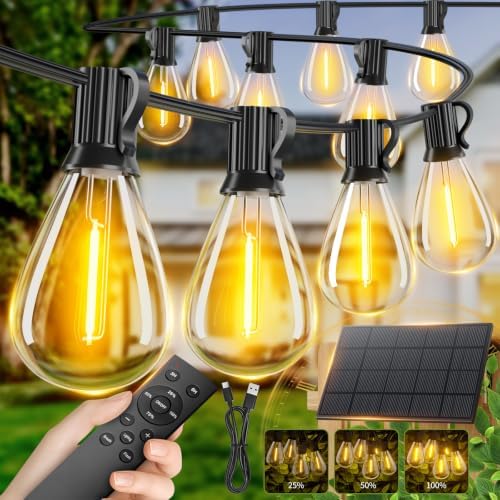 50FT Solar String Lights Outdoor Waterproof, 18+1 LED Solar Powered Lights with Remote Control, 3 Light Modes & Dimmable, USB-C Charging for Patio, Backyard, Garden, Camping by luckystyle