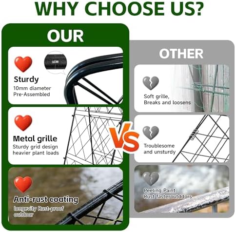 50"x17" Heavy Duty Metal Garden Trellis - Rust-Proof A-Frame Cucumber Trellis with High-Density Rhombus SteelGrats for Climbing Plants, Tomatoes & Raised Beds, Outdoor Use (2 Pack) - Image 4