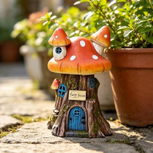 COWOS Mushroom House Sculptures, Collection of Resin Garden Sculptures, Resin Fairy House Statue, Solar Fairy Garden Figurine with Warm White Light Mushroom for Outdoor, Lawn, Yard Decoration - Image 5