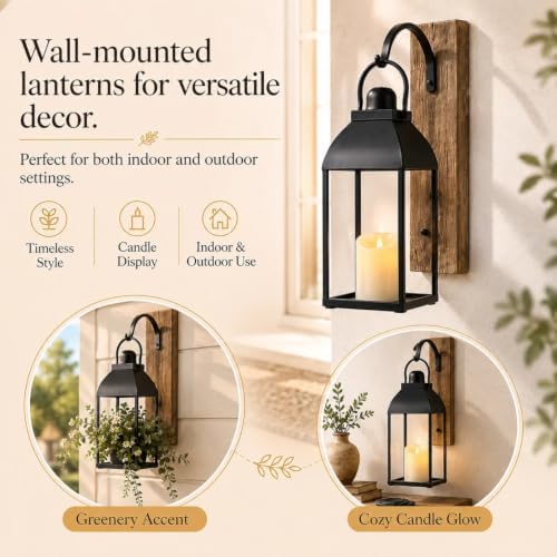 Lanterns Decorative Indoor 15" 11" Set of 2 Black Metal Lantern with Candle - Image 3