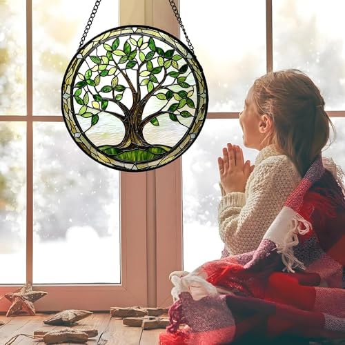 Green Tree of Life Stained Glass Window Hanging Decor Gifts for Women 15" - Image 2