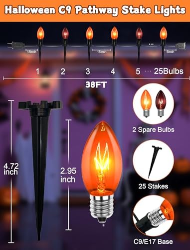 10 Pack Halloween Pathway Stake Lights,19.5ft Halloween Party Decor Walkway Lights with C9 Clear Black&Orange Bulbs for Outdoor Lawn Patio Yard Walkway Garden,Waterproof Clear Black&Orange - Image 3