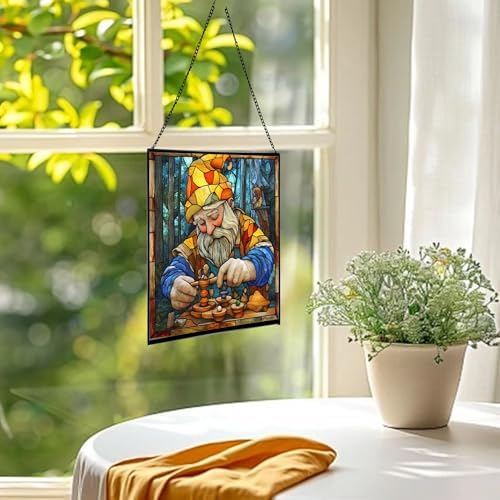 Gnome with Wooden Toys Stained Glass Suncatcher – Square Hanging Window Panel for Home, Garden, Nursery, Halloween, Christmas, Memorial Day – Whimsical Glass Art Gift for Gnome Lovers j20dxf - Image 3