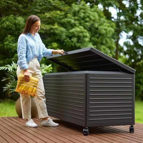 MIRADOR 205 Gallon Outdoor Storage Box with Wheels & Soft-Close Lid, Waterproof Metal Deck Box for Patio Cushions, Garden Tools & Pool Accessories, Charcoal - Image 3