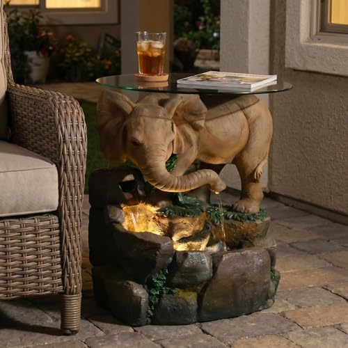 Elephant Outdoor Water Fountain with Glass Tabletop, 21.85" H Cascading Garden Water Feature, Country Style Patio Fountain with Realistic Skin & Rock for Yard, Deck, Backyard Décor - Image 3