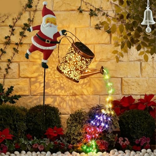 Christmas Solar Kettle Lights Garden Lawn Decorative Lights, Hanging Metal Solar Santa Claus Watering Can Light, Twinkling Santa Kettle Lights for The Season, for Pathway Yard Patio (Colored*1) - Image 3