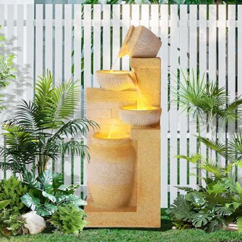 4-Tier Outdoor Garden Water Fountain, 32" H Freestanding Resin Cascading Bowls Fountain with LEDs and Pump, Modern Fountains and Waterfalls for Yard, Porch and Patio Indoor Decor by UTOASIS