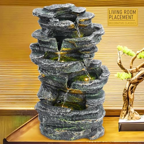 6-Tier Cascading Rock Water Fountain, with LED Warm Light, Outside Patio Water Features Fountain, Garden Waterfall Decor for Patio, Backyard, Porch and Home Art Decor (Cascading Rock Water Fountain) - Image 4
