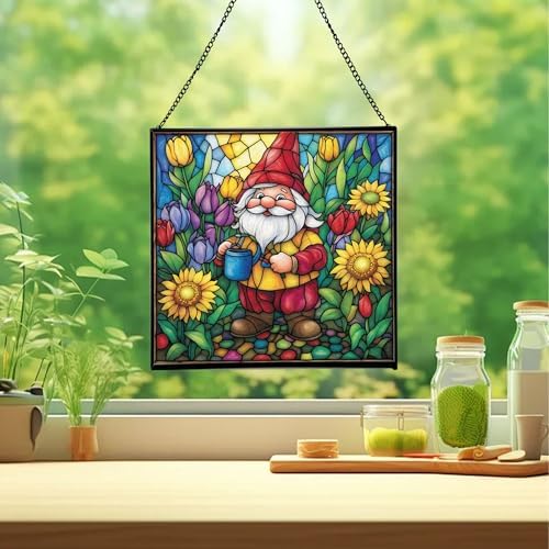 Spring Garden Gnome Stained Glass Suncatcher – Square Hanging Window Panel for Home or Greenhouse – Whimsical Glass Art Gift for Garden Lovers, Christmas, Halloween, Father Days lee1cz - Image 2