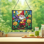 Spring Garden Gnome Stained Glass Suncatcher – Square Hanging Window Panel for Home or Greenhouse – Whimsical Glass Art Gift for Garden Lovers, Christmas, Halloween, Father Days lee1cz - Image 2