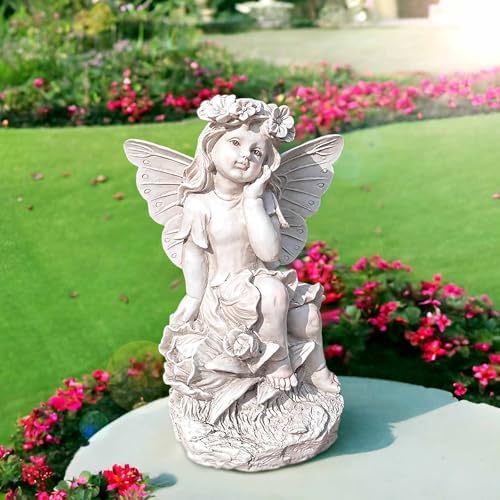 Fairy Garden Statue, Sitting Resin Fairy Figurine, 12.8 Inch - Image 5