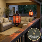 Vela Lanterns Hanging Moroccan Lantern with LED Twinkle Fairy Lights - Exotic Decorative Patio & Porch Decor, Indoor Outdoor Candle Lamp Holder with Chain (13" Large, Amber Glass) - Image 3