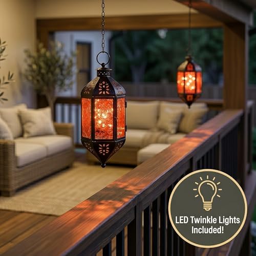 Vela Lanterns Hanging Moroccan Lantern with LED Twinkle Fairy Lights - Exotic Decorative Patio & Porch Decor, Indoor Outdoor Candle Lamp Holder with Chain (13" Large, Amber Glass) - Image 3