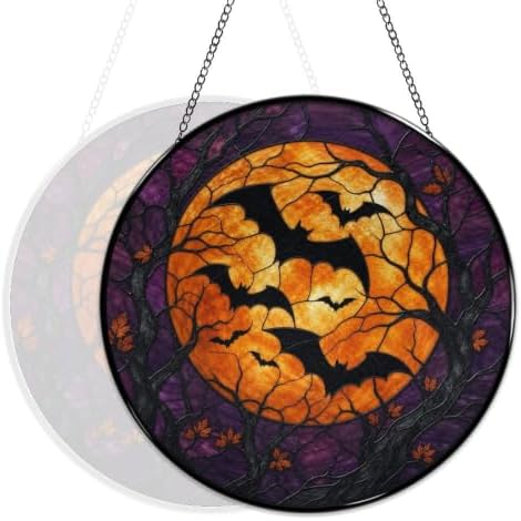 Full Moon Bats Halloween Stained Glass Suncatcher 11.8" Colorful Window Hanging Ornament, Sun Catcher Decor for Bathroom Front Door Living Room Home Wall Garden - Image 5