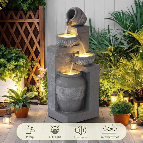 Outdoor Water Fountain, 4 Tiered Waterfall Fountains with LED Lights, Garden Bowl Waterfalls, Modern Cascading Flow Fountain for Garden, Yard, Patio, Home Decor (Grey) - Image 5