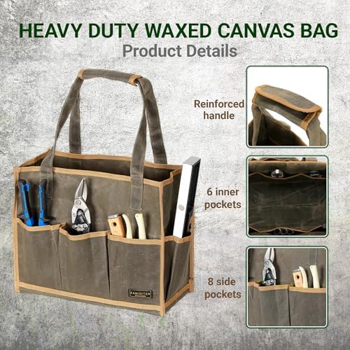 Heavy Duty 16OZ Waxed Canvas Tool Bag,15-Pockets Portable Tote Bag,Muti-Purpose Garden Tool Storage Bag with Padded Handle | ArmyGreen - Image 4