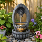 Lion Head 2-Tier Outdoor Water Fountain, Resin & LED, 31.1 in by Swiftbloom