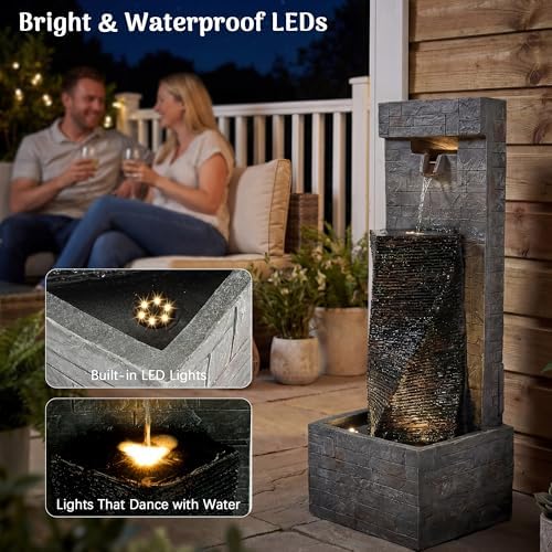 Redlife 39" Outdoor Waterfall Fountain, Modern Wall Water Feature with LED Lights, Resin Floor Standing Fountain with Adjustable Pump, Tall Patio Garden Backyard Decor - Image 5