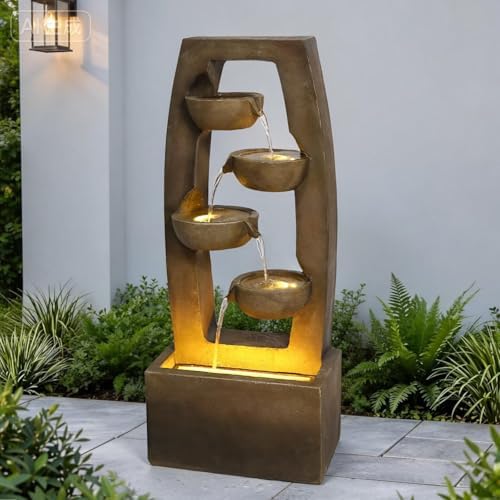 37.6'' Outdoor 4-Bowl Rock Water Fountain with Lights and Pump,Multi Tier Cascading Waterfall Resin Garden Fountain,Floor Standing Waterfall Feature for Patio Yard Porch Landscape by Unknown