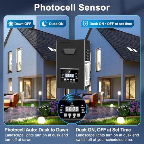 200W Low Voltage Landscape Transformer, Landscape Lighting Transformer with Photocell Sensor & Timer, 120V to 12V/15V AC Outdoor Weatherproof Transformers for Spotlights, Garden Path Light - Image 3