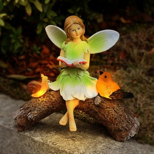 Garden Flower Fairy Statue Decor-Solar Outdoor Fairy Statues-Garden Fairy Outdoor Snail,Bird Figurines Decoration for Outside Patio Lawn Yard,Fairies Ornaments Gifts,Tall 8.4 Inches by Yiosax
