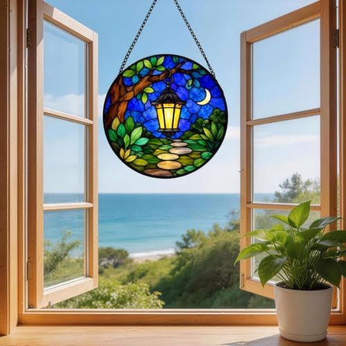 Stained Glass Suncatcher Moonlight Lantern Window Hanging Art, Night Garden Landscape Decor for Mom, Unique Birthday Gift for Her, Home Accents Indoor Wall Ornament (Mixed,11.8×11.8 in) - Image 3
