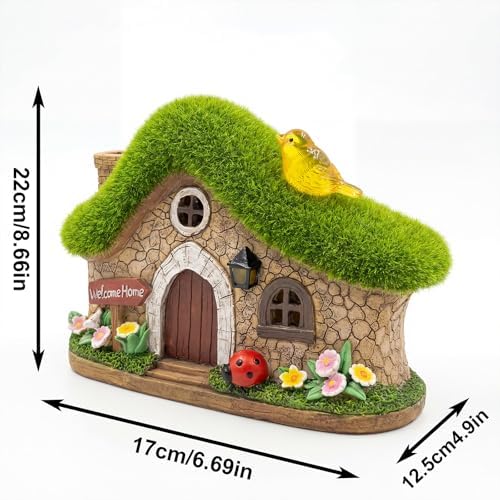 Resin Fairy House Statues with Solar Lights Outdoor for Garden Decor Funny Birds Ladybird Flocked Fairy House with Garden Figurine Patio Yard Lawn Decorations Gift for Mom Women (Green 1) - Image 5