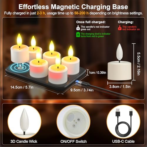 PChero Rechargeable Waterproof Candles with Remote & Magnetic Charging Base, 4 Electric Pillar Candles & 6 LED Tea Lights - Image 3