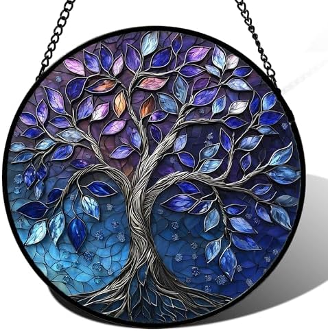 Blue Purple Tree of Life Stained Glass Window Hanging Suncatcher Gift 15" by DASTOLL