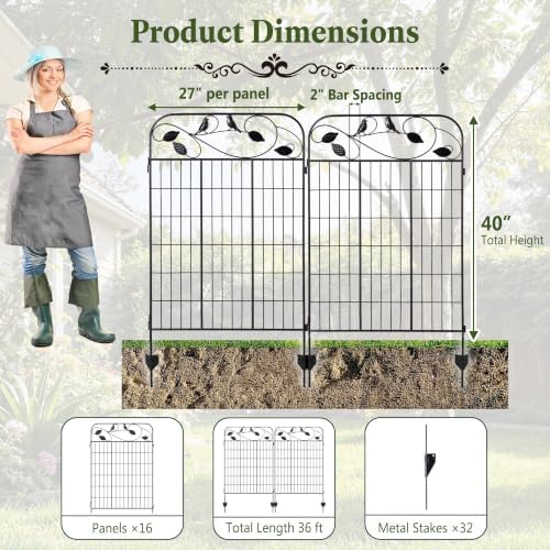 Decorative Garden Fence 40in x 36ft, 16 Pack Flat Metal Garden Border Fence, Rustproof Powder Coating, No-Dig Installation with Triangular Stakes, Flexible Design for Flower Beds, Paths, Yards - Image 3
