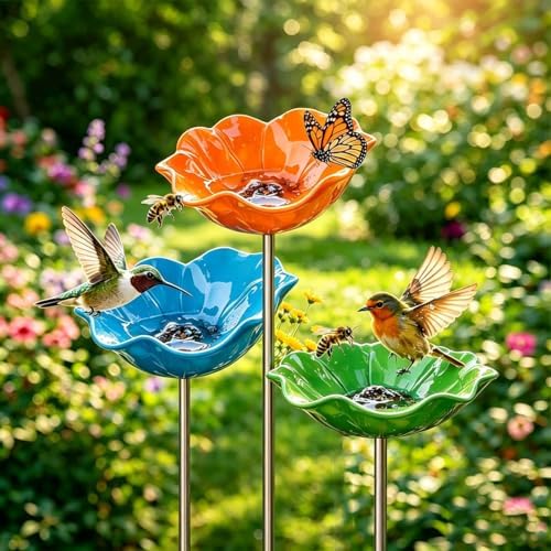 Handmade Metal Flower Garden Stake Bird Bath Bowl, Blue by Unknown