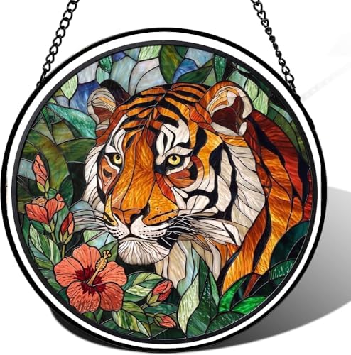 9.84 Inch Tiger and Hibiscus Stained Glass Window Hanging Suncatcher for Window Doors Home Decoration and Christmas Mother's Day Father's Day Birthday Gifts for Women Men and Mom by Unknown