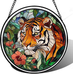 9.84 Inch Tiger and Hibiscus Stained Glass Window Hanging Suncatcher for Window Doors Home Decoration and Christmas Mother's Day Father's Day Birthday Gifts for Women Men and Mom by Unknown