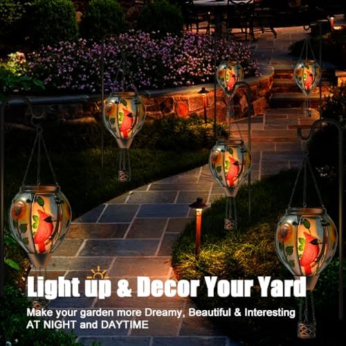 Hot Air Balloon Solar Lantern - Cardinal Bird Glass Lantern, Simulated Flickering & Dancing Flame, Outdoor Hanging Yard Light Waterproof IP65 for Patio Lawn Porch Decor Gift - Image 5