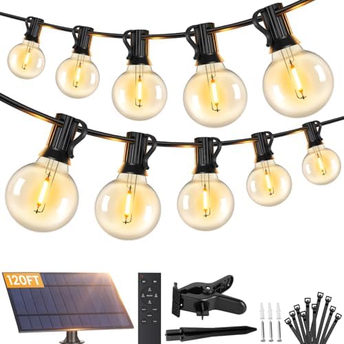 Brightever 120FT Solar String Lights Outdoor with Remote, Waterproof Dimmable 3 Modes Outdoor Lights with 50+2 LED Shatterproof G40 Bulbs, Solar Power Patio Lights for Outside Wedding Party Decor by Brightever