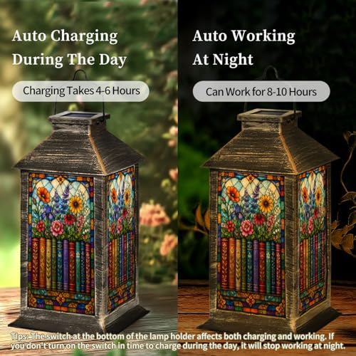 Solar Lantern Colorful Stained Glass Style Bookshelf Flowers Botanical Outdoor Waterproof Hanging Solar Light Outside Lights for Patio Yard House Lawn Decor Birthday Gifts for Women Mom - Image 4